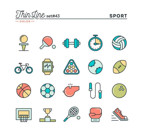 Sports, recreation, work out, equipment and more, thin line color icons set