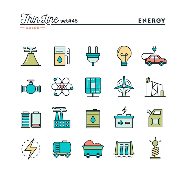 Síly, energie, výroba elektřiny a větší, tenké linie Barva ikony nastavit — Stockový vektor