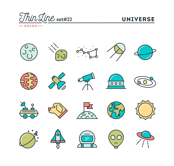 Vesmíru, nebeských těles, rocket spouštění, astronomie a další, tenké čáry barevná ikony nastavit — Stockový vektor