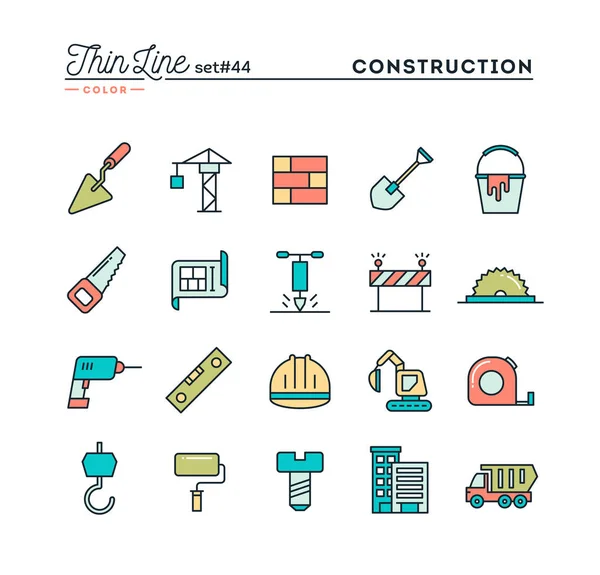 Construction, bâtiment, projet, outils et plus, ligne mince icônes de couleur ensemble — Image vectorielle
