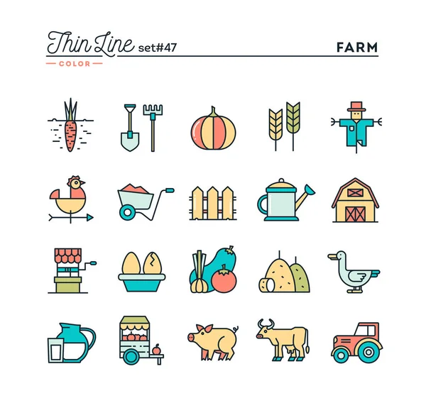 Granja, animales, tierra, producción de alimentos y más, conjunto de iconos de color de línea delgada — Vector de stock