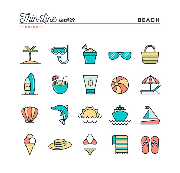 Playa tropical, verano, vacaciones, cruceros y más, conjunto de iconos de color de línea delgada — Vector de stock