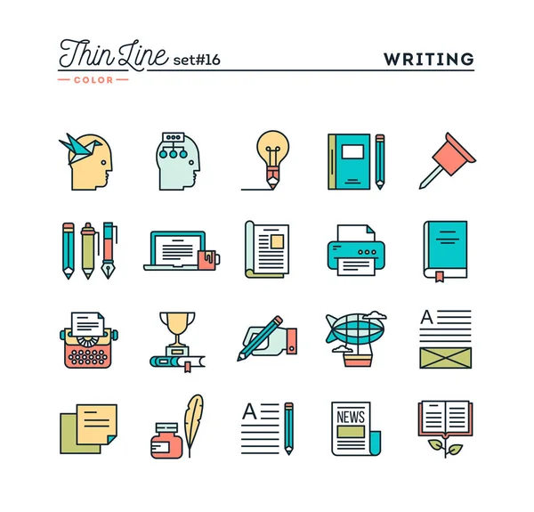 Schrijven, bloggen, beste verkoper boek, verhalen en meer, dunne lijn pictogrammen Kleurset — Stockvector