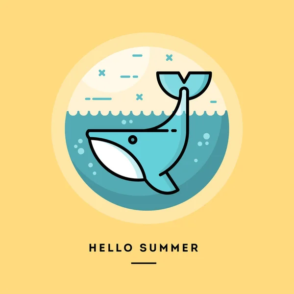 Hola verano, ballena linda, banner de línea delgada de diseño plano, uso de boletines de noticias por correo electrónico, banners web, encabezados, entradas de blog, impresión y más — Archivo Imágenes Vectoriales