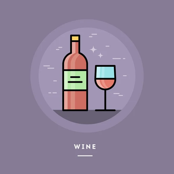 Şişe ve bardak kırmızı şarap, düz tasarım ince hat afiş — Stok Vektör