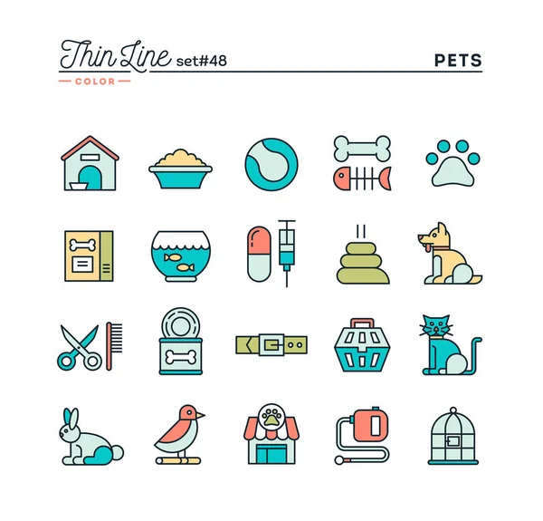 Mascotas, conjunto de iconos de color de línea delgada — Vector de stock