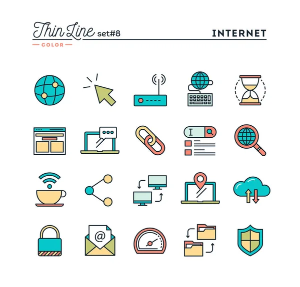 Internet, globální sítě, cloud computing, zdarma Wifi a další, tenké čáry barevná ikony nastavit — Stockový vektor