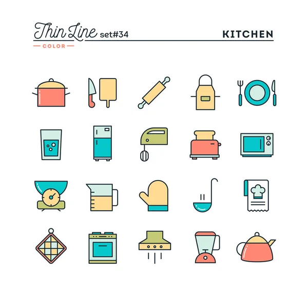 Utensilios de cocina, preparación de alimentos y más, conjunto de iconos de color de línea delgada — Vector de stock