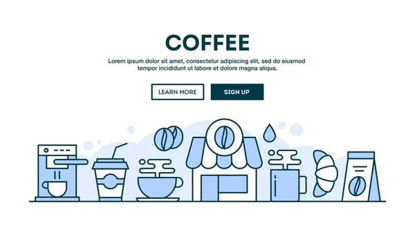 Kaffee, Konzept-Header, flaches Design dünne Linie Stil — Stockvektor