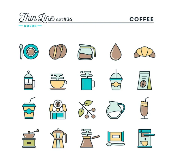 Café, conjunto de iconos de color de línea delgada — Vector de stock