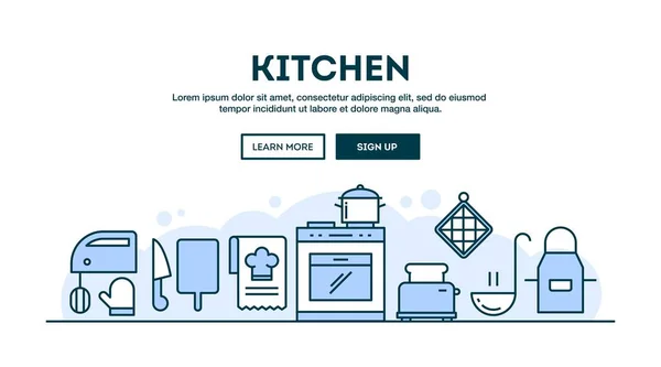 Küche, Konzept Header, flaches Design dünne Linie Stil — Stockvektor