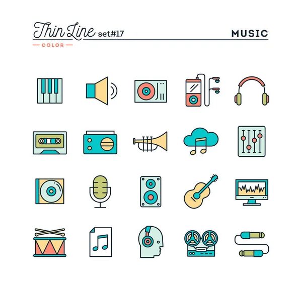 Zene, hang, felvétel, szerkesztés, és több, vékony vonal színes ikonok beállítása — Stock Vector
