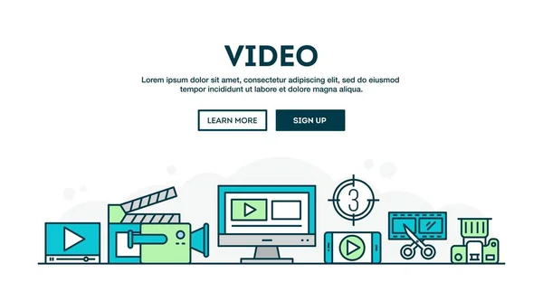 Fabricação de vídeo, cabeçalho conceito colorido, design plano estilo linha fina —  Vetores de Stock