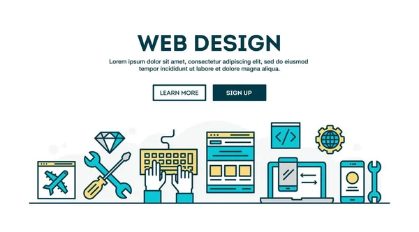 Diseño web, cabecera concepto colorido, diseño plano estilo de línea delgada — Vector de stock