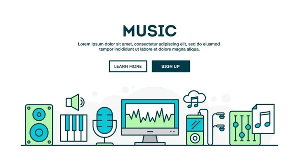 音楽制作、カラフルなコンセプト ヘッダー、フラットなデザインの細い線のスタイル — ストックベクタ