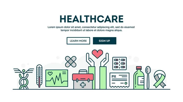 Cuidado de la salud, cabecera concepto colorido, diseño plano estilo de línea delgada — Archivo Imágenes Vectoriales