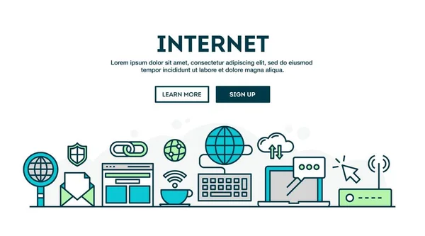 Internet, cabecera concepto colorido, diseño plano estilo de línea delgada — Vector de stock