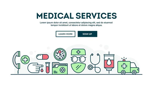 Медичні послуги, барвистий заголовок концепції, стиль тонкої лінії плоского дизайну — стоковий вектор