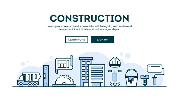 Construcción, cabecera del concepto, diseño plano estilo de línea delgada — Vector de stock