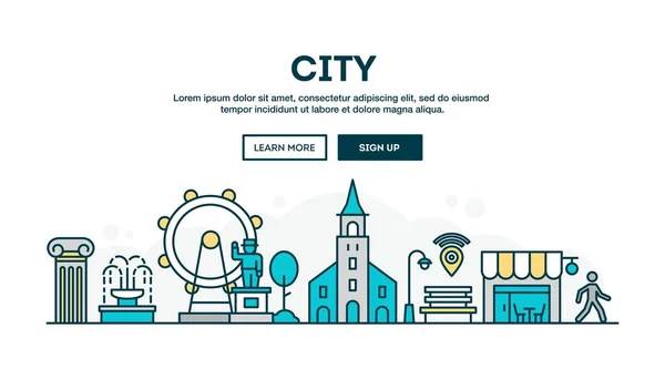 City, kleurrijke concept kop, platte ontwerpstijl dunne lijn — Stockvector