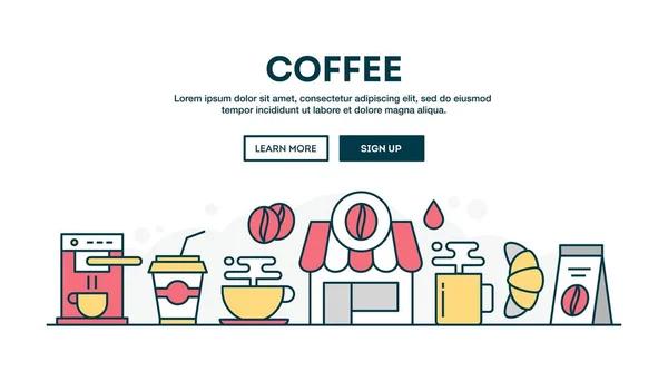 Kaffee, buntes Konzept Header, flaches Design dünne Linie Stil — Stockvektor