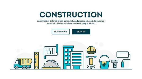 Construction, en-tête de concept coloré, design plat style ligne mince — Image vectorielle