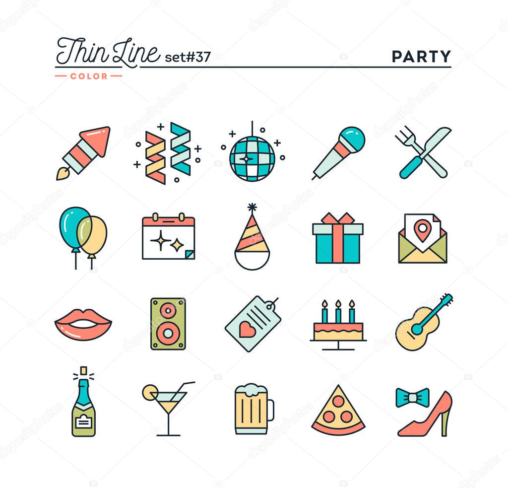 Party, celebration, fireworks, confetti and more, thin line color icons set