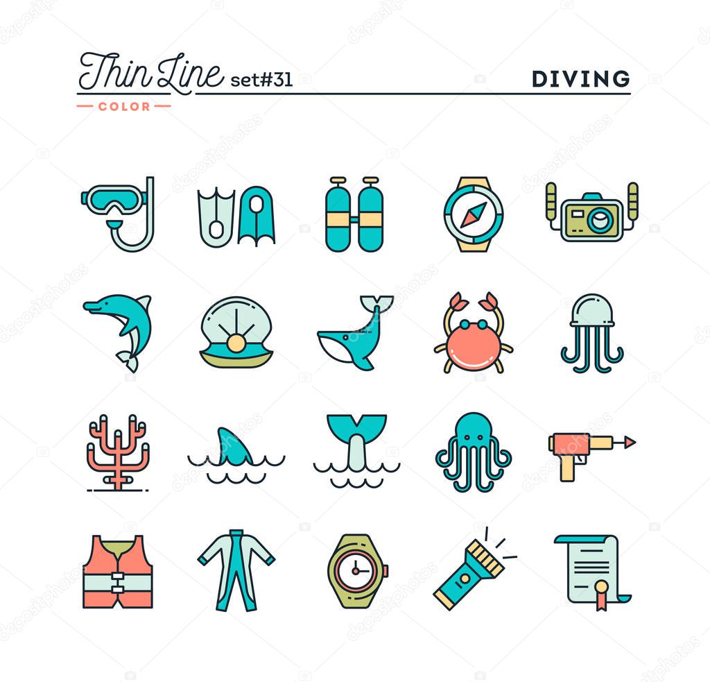 Scuba diving, underwater animals, equipment, certificate and more, thin line color icons set