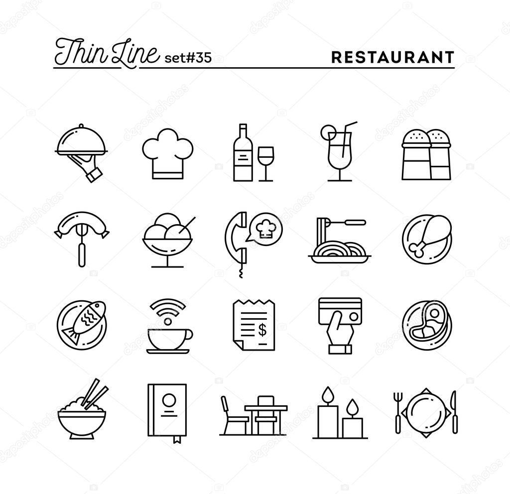 Restaurant, phone ordering, meal, receipt and more, thin line icons set