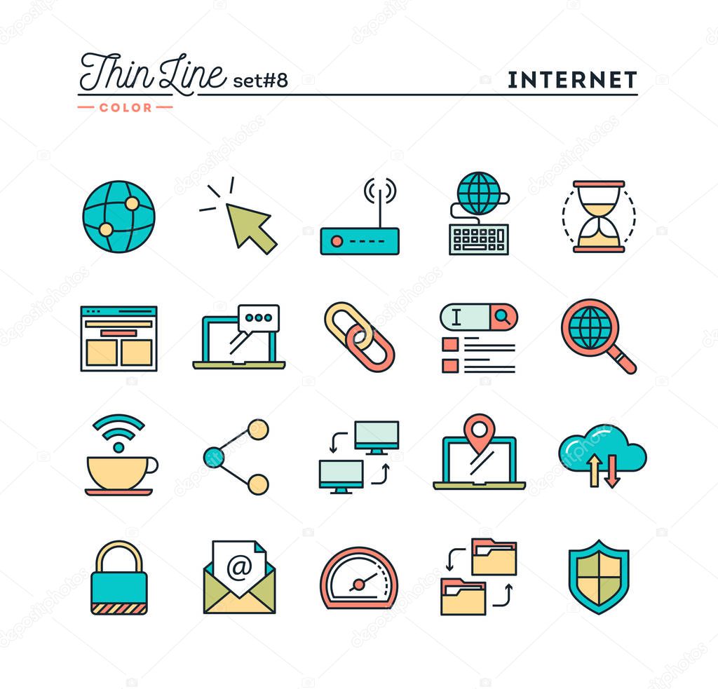 Internet, global network, cloud computing, free WiFi and more, thin line color icons set