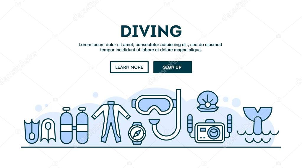 Diving, concept header, flat design thin line style