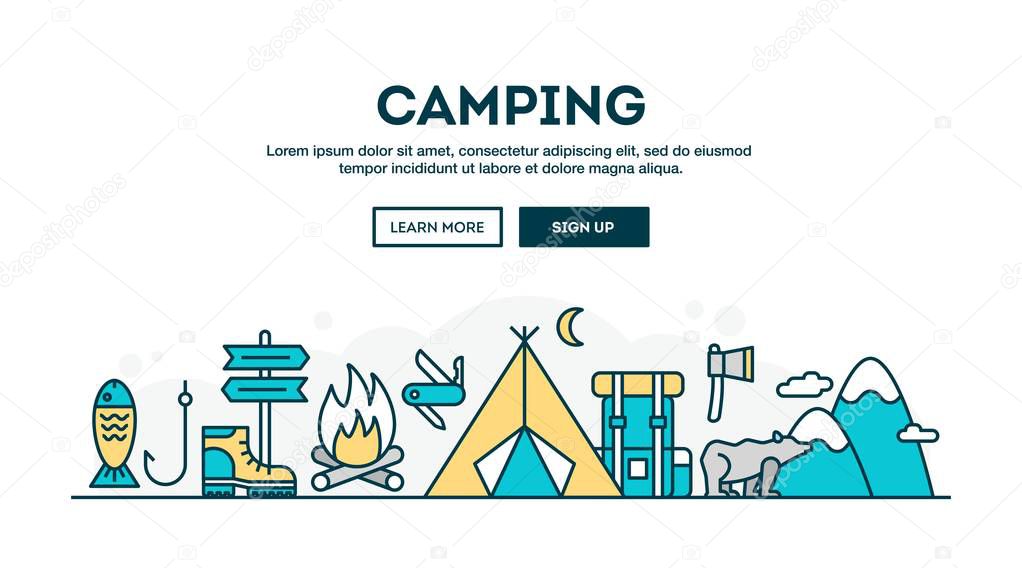 Camping, colorful concept header, flat design thin line style