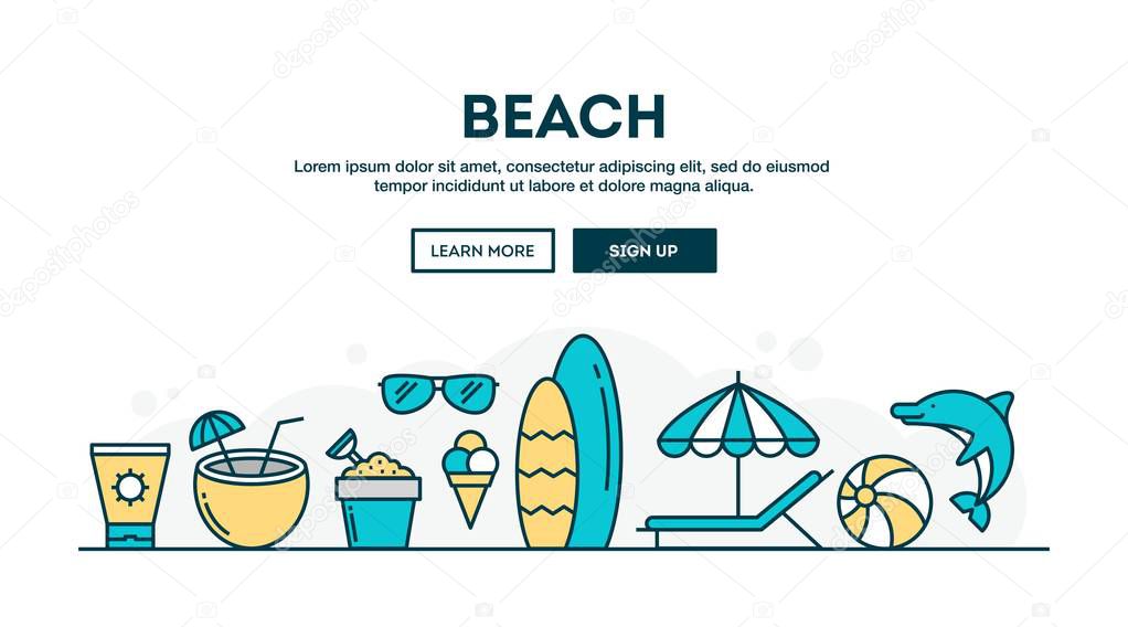 Beach, summer vacation, colorful concept header, flat design thin line style
