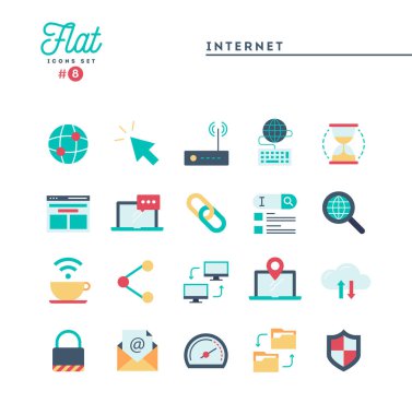 Internet, genel ağ, bulut bilgisayar, ücretsiz Wi-Fi ve daha fazlası, düz Icons set