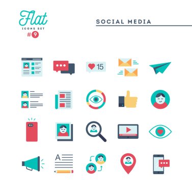 Sosyal medya, iletişim, kişisel profil, online gönderme ve daha fazla, Icons set düz