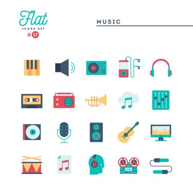 Müzik, ses, teknoloji ve daha fazla, düz Icons set