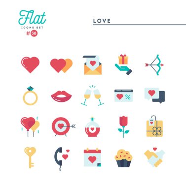 Aşk, Sevgililer günü, dating, romantizm ve daha fazla, düz simgeler ayarla