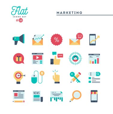 Dijital pazarlama, online iş, hedef kitle, tıklama başına ödeme ve daha fazla, düz simgeler ayarla, vektör çizim