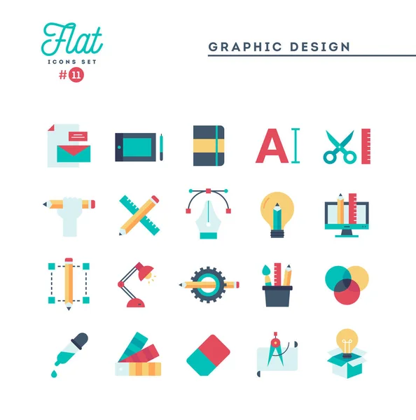 Diseño gráfico, paquete creativo, estacionario, software y más, conjunto de iconos planos — Vector de stock