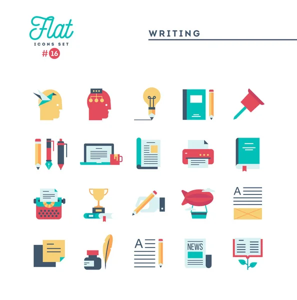 Escritura, blogging, best seller book, storytelling y más, set de iconos planos — Vector de stock