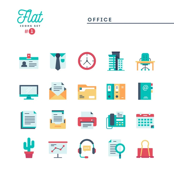 Oficina, espacio de trabajo y artículos, conjunto de iconos planos — Vector de stock
