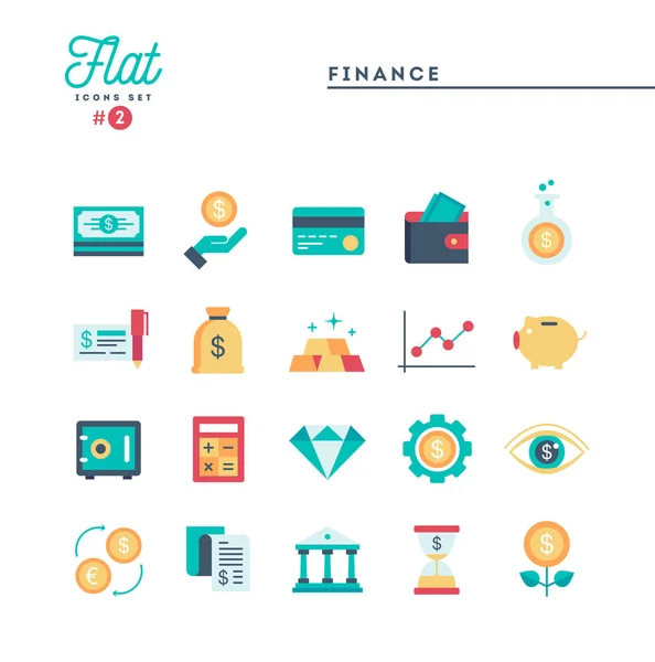 Financiën, geld, bankwezen en meer, vlakke icons set — Stockvector