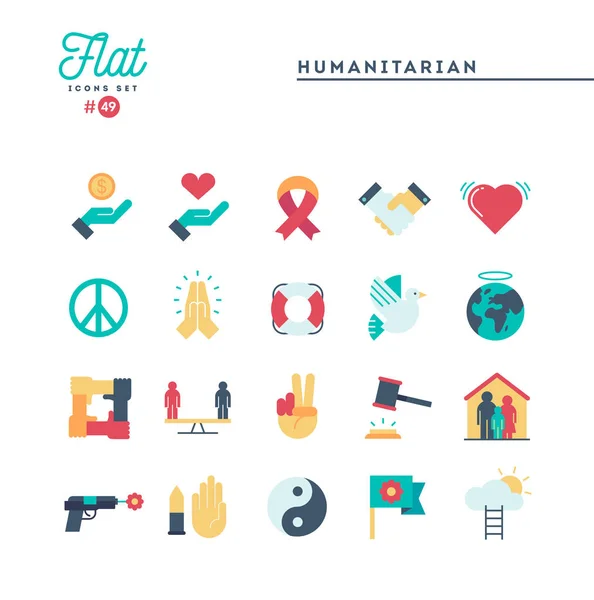 Humanitario, paz, justicia, derechos humanos y más, conjunto de iconos planos — Archivo Imágenes Vectoriales