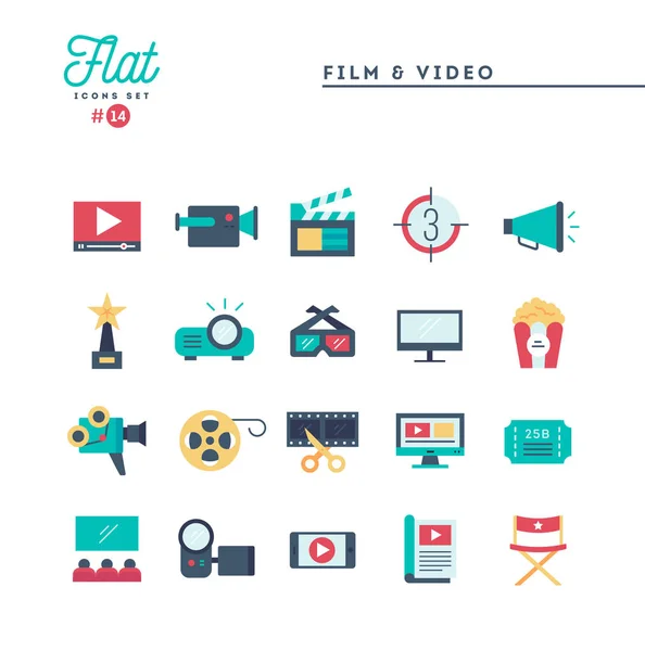 Film, video, riprese, editing e altro ancora, set di icone piatte — Vettoriale Stock