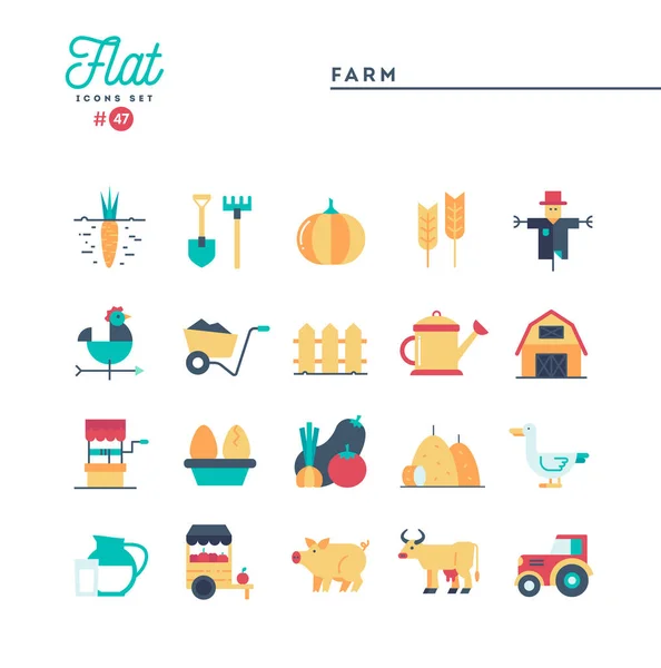 Granja, animales, tierra, producción de alimentos y más, conjunto de iconos planos — Vector de stock