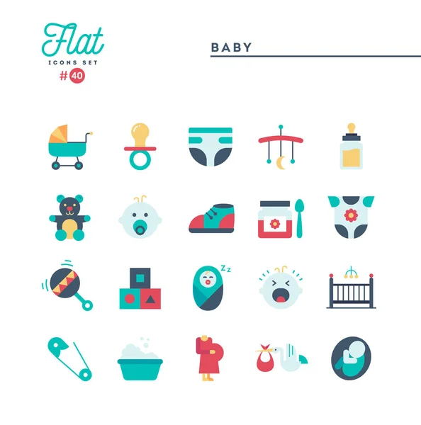 Baby, zwangerschap, geboorte, speelgoed en meer, plat pictogrammen instellen — Stockvector