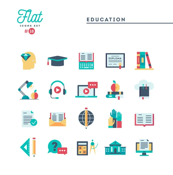 Educación, libros en línea, aprendizaje a distancia, webinar y más, conjunto de iconos planos — Archivo Imágenes Vectoriales