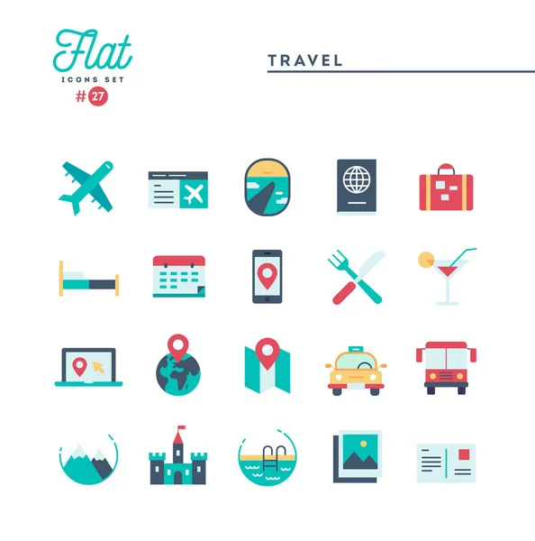 Viajes, turismo, hotel, turismo y más, conjunto de iconos planos — Vector de stock