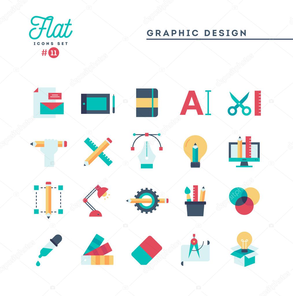 Graphic design, creative package, stationary, software and more, flat icons set, vector illustration