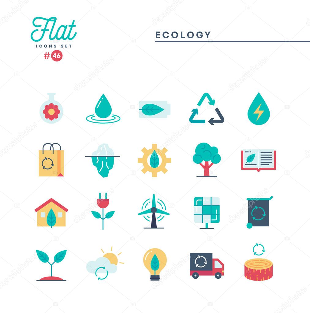 Ecology, nature, clean energy, recycling and more, flat icons set